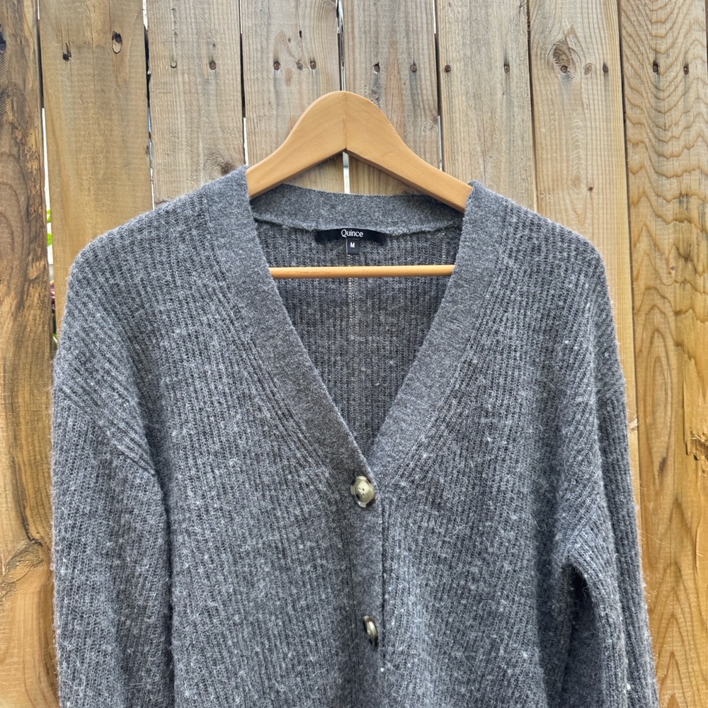 Quince Gray Ribbed V-Neck Button Cardigan - Picture 2 of 9